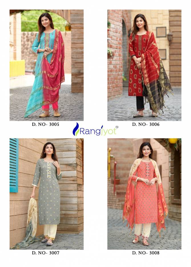 Rangjyot Rang Maya 3 Fancy Festive Wear Rayon Kurti Pant and Dupatta Readymade Collection